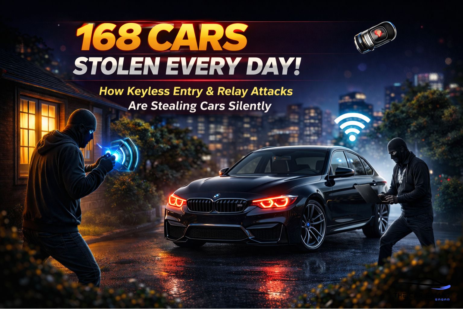 Ultra-realistic image of a black BMW M3 with glowing red headlights being stolen using a relay attack at night, showing masked thieves hacking keyless entry in a city street, highlighting how keyless car theft happens silently.