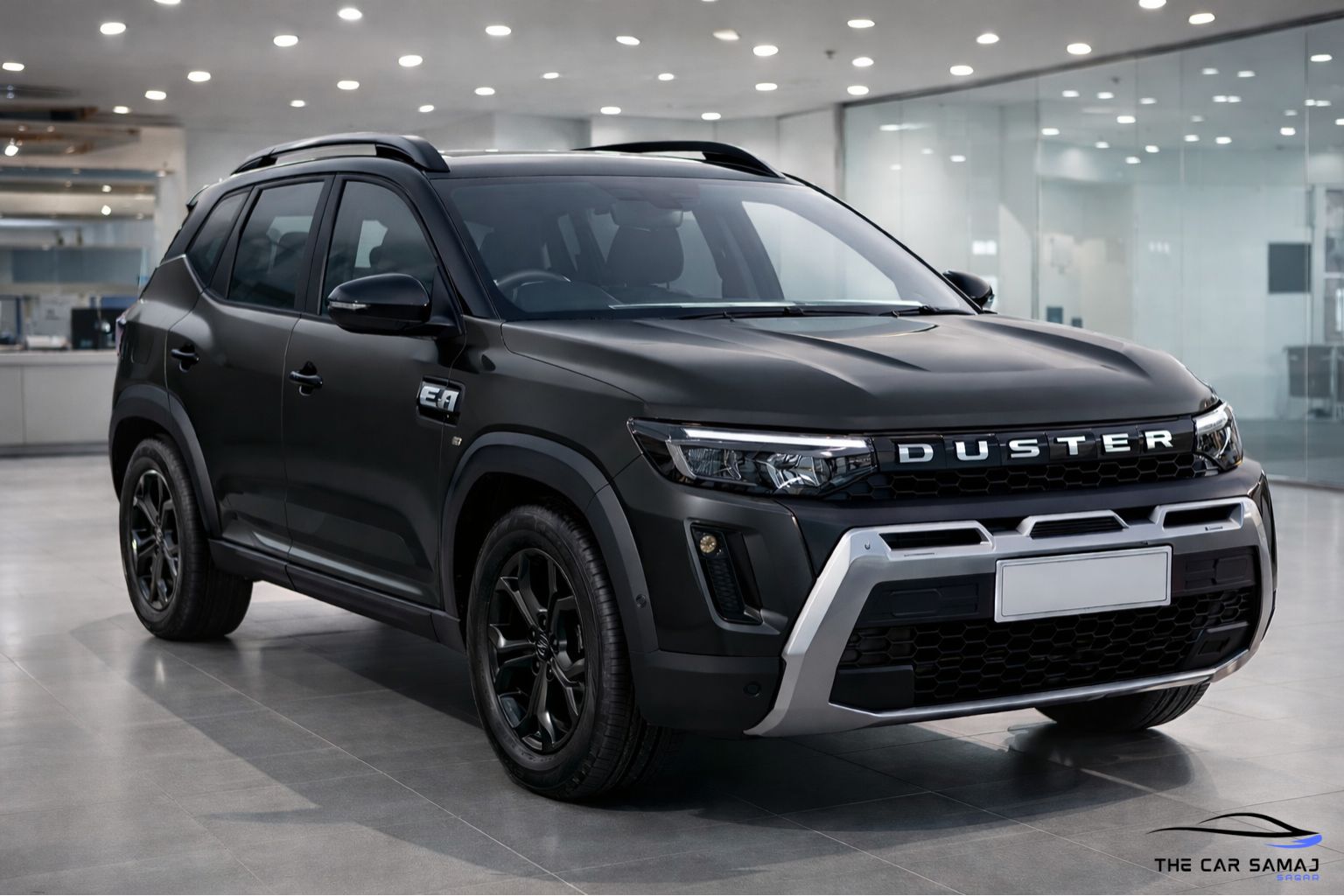 2026 Renault Duster matte black color showroom image with bold front grille, LED headlights and rugged SUV design