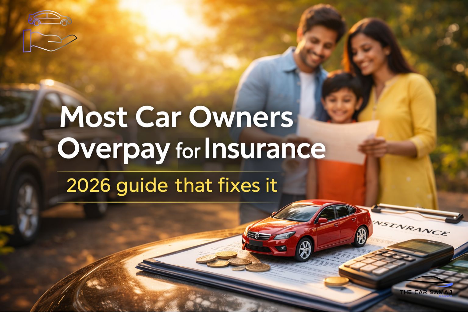 Indian family reviewing car insurance policy beside their car, illustrating smart car insurance planning and premium savings in 2026