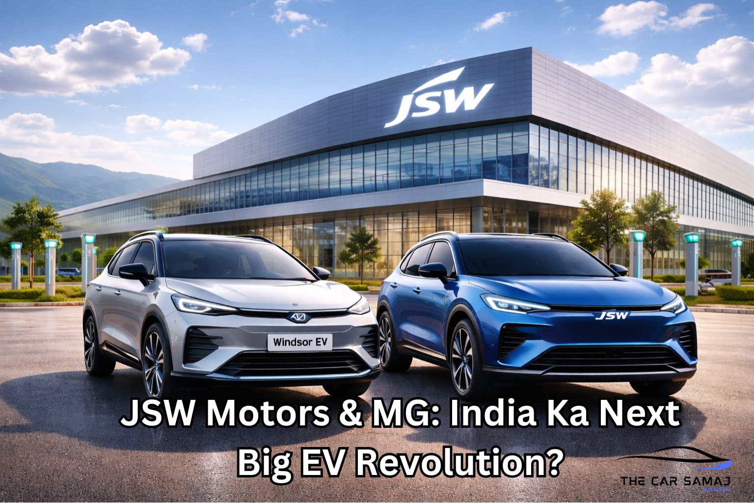 Two electric SUVs parked outside a modern JSW Motors factory on a bright sunny day, showcasing the partnership between JSW Motors and MG and highlighting India’s next big electric vehicle revolution.