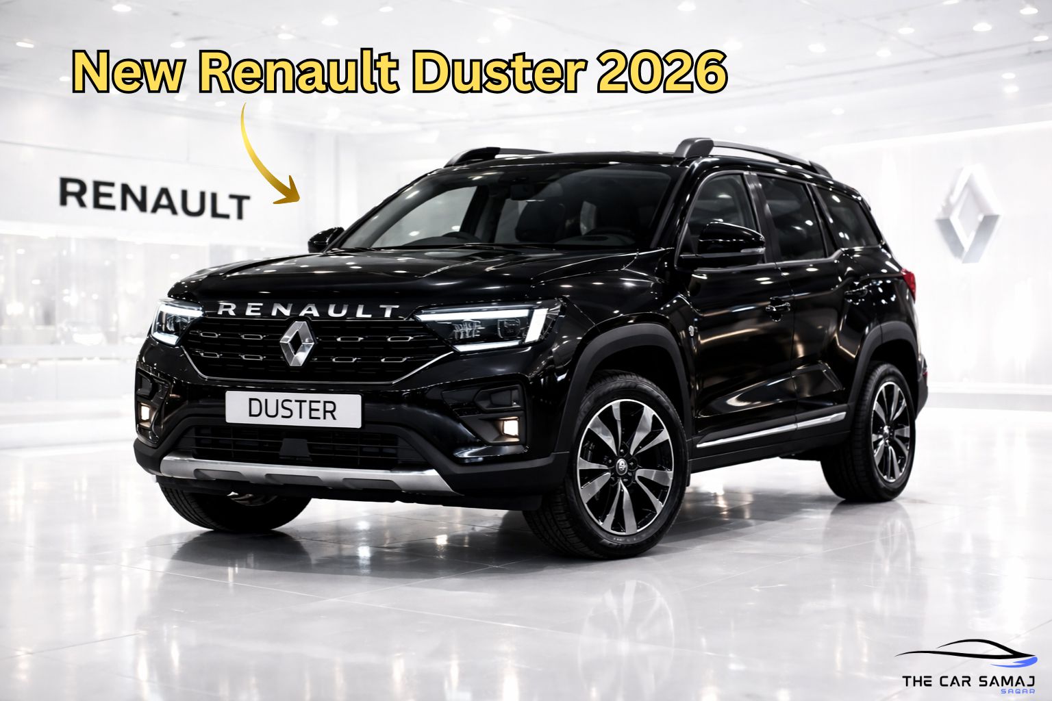 Renault Duster 2026 black color showcased in Renault showroom with modern lighting, bold front grille and LED headlights.
