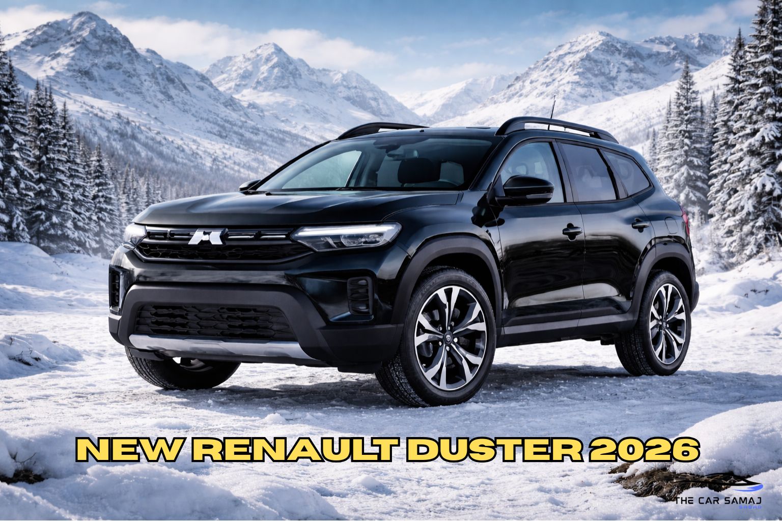 Ultra-realistic black 2026 Renault Duster SUV parked on snow-covered mountain terrain, showcasing bold exterior design, alloy wheels, LED headlights and rugged stance in winter landscape.