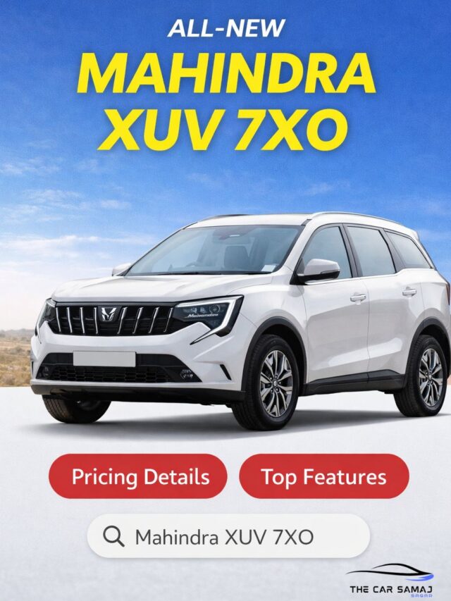 White Mahindra XUV 7XO SUV displayed in vertical web story format with headline highlighting all-new model, pricing details and top features