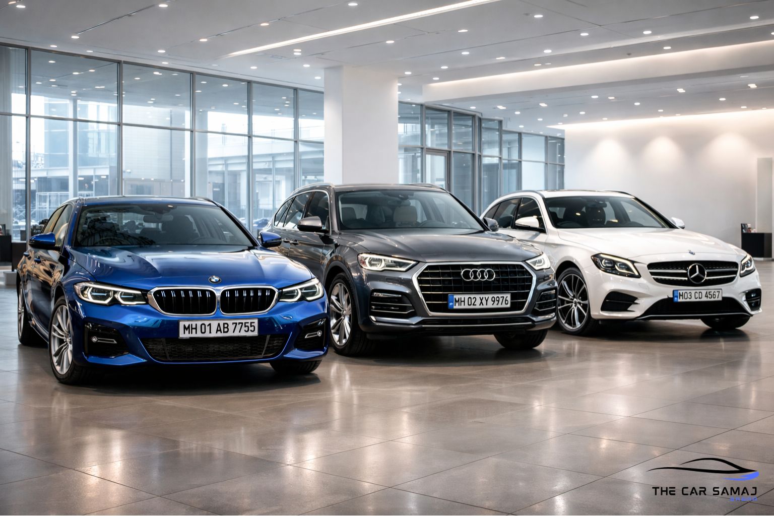 BMW, Audi aur Mercedes-Benz luxury cars showroom me side by side display, ultra-realistic premium German cars comparison image