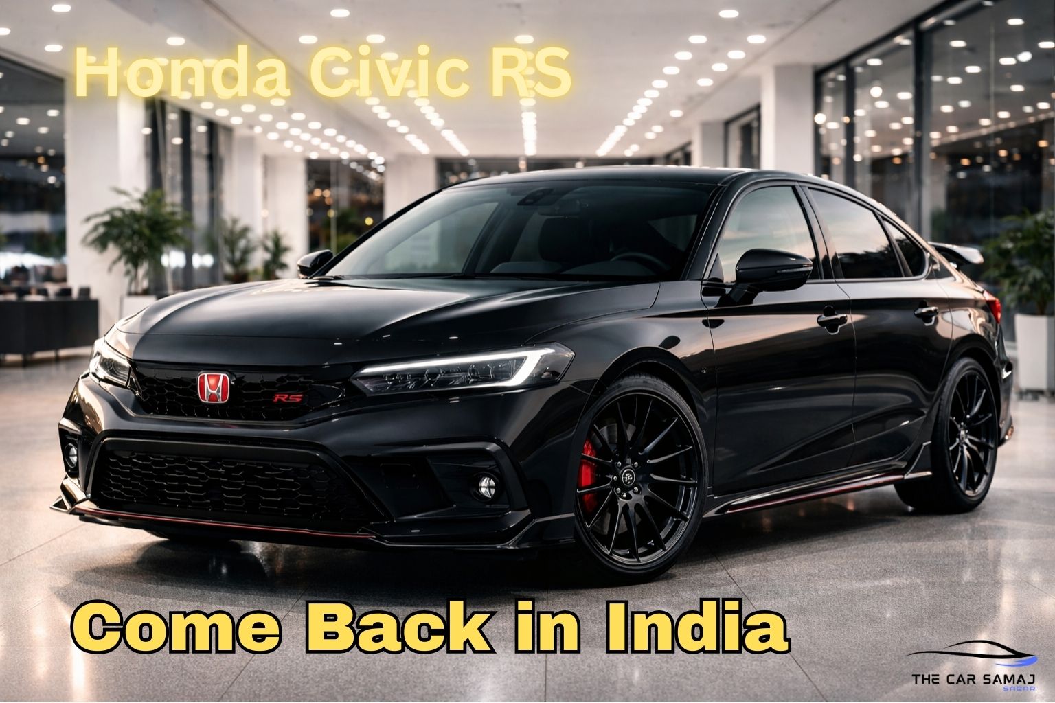 Ultra-realistic black Honda Civic RS showcased in a premium showroom with high-intensity lighting, glossy finish, sporty alloy wheels and aggressive front design.