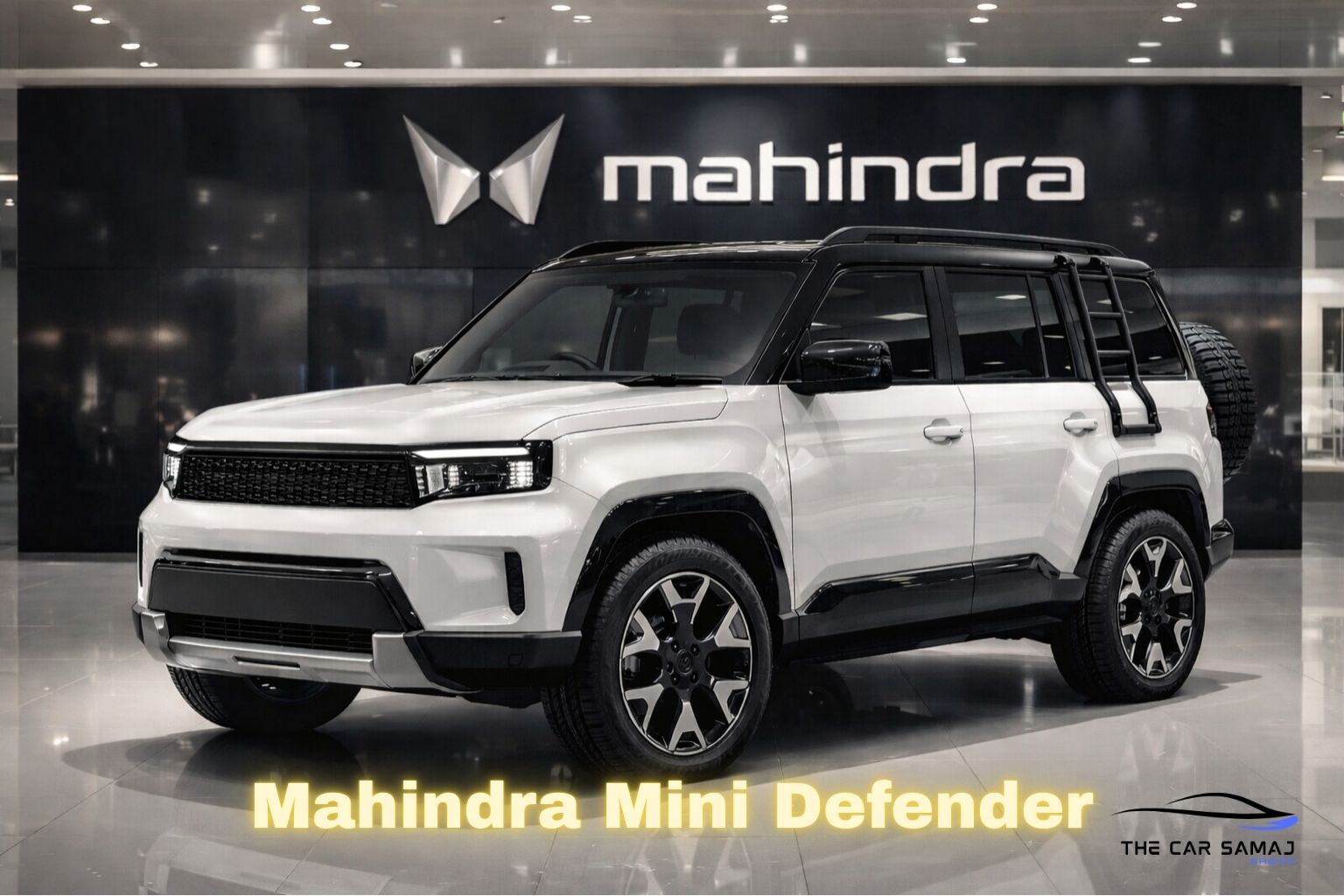 Mahindra Vision S white SUV with black roof in premium showroom, high ground clearance compact rugged SUV design HD image