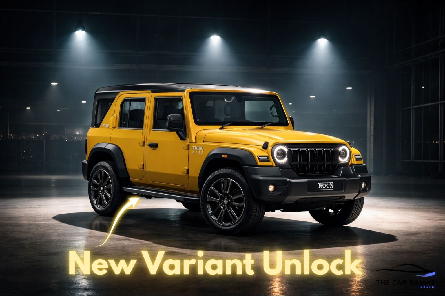Mahindra Thar Roxx Star Edition showcased in a premium showroom with dramatic spotlight lighting, yellow body color, black roof, and bold alloy wheels in ultra-realistic HD quality.