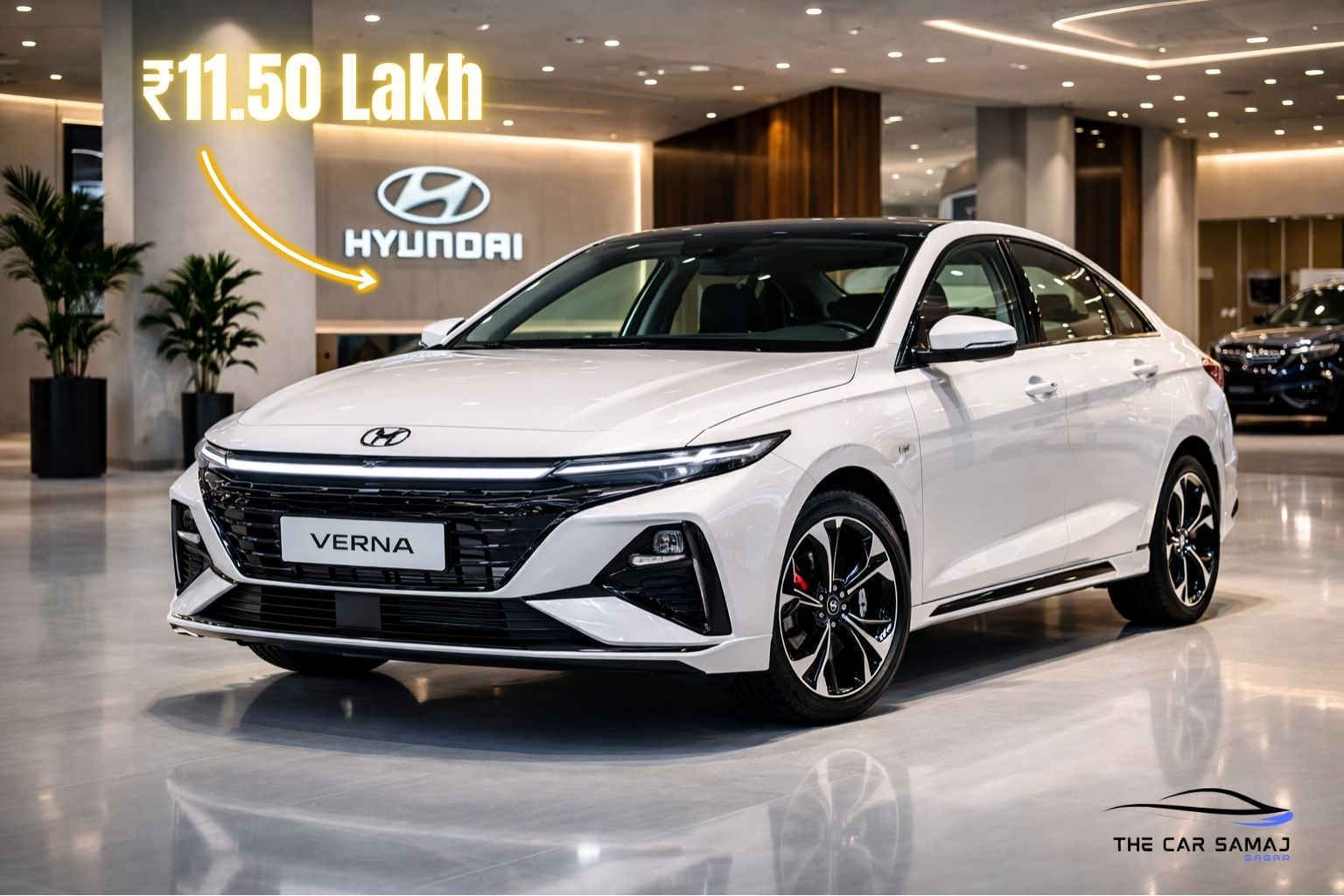 2026 Hyundai Verna Facelift white color premium showroom image with ₹11.50 lakh price highlight and Hyundai logo in background