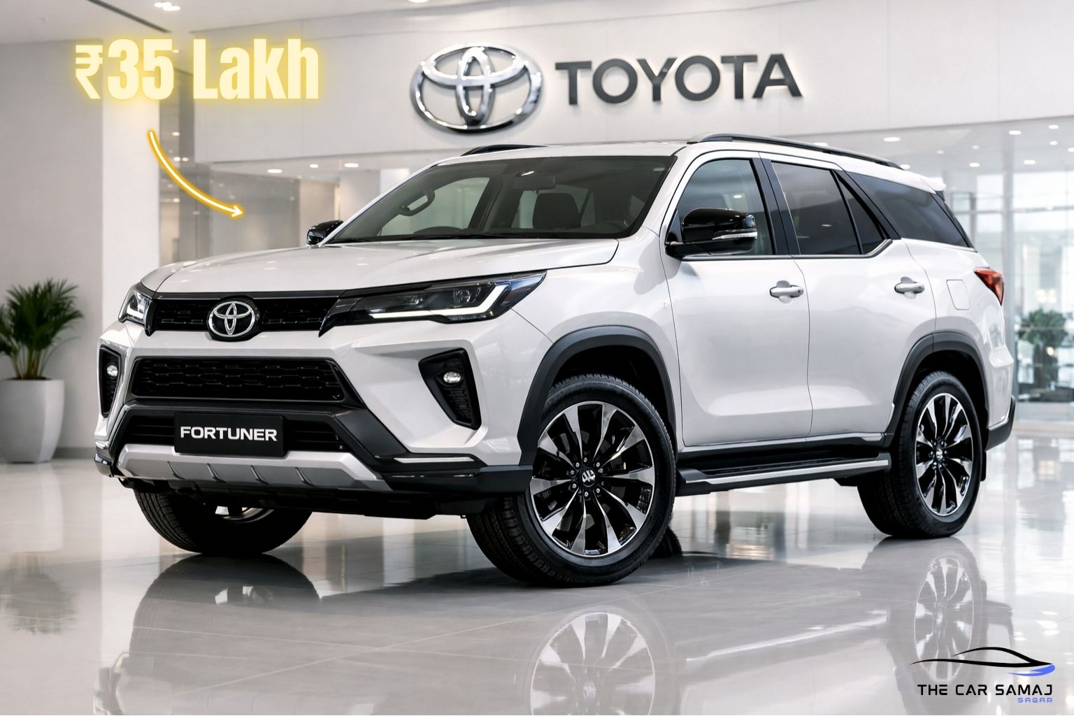 White Toyota Fortuner Legender displayed in a premium showroom with Toyota logo background and ₹35 lakh price highlight text.