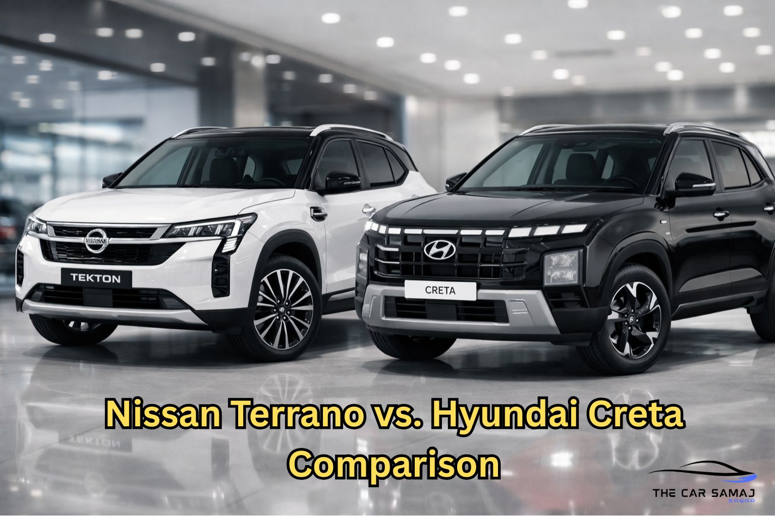 White Nissan Tekton 2026 with black roof parked beside black Hyundai Creta in a modern showroom, showcasing front design and road presence comparison.