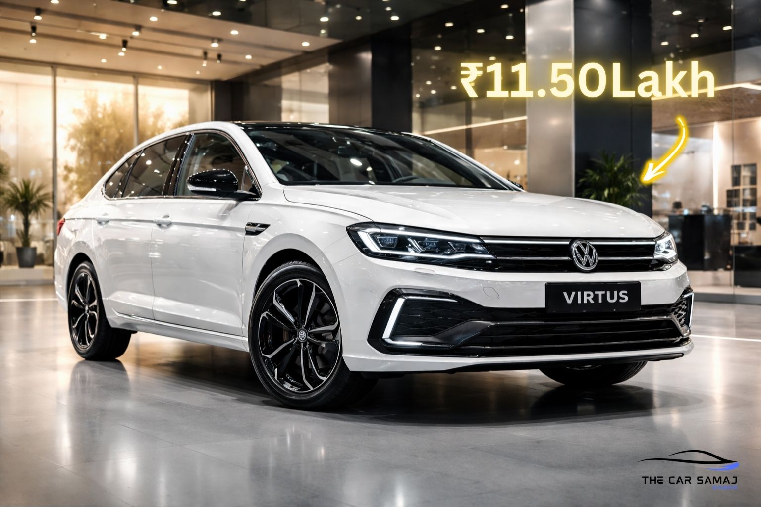 2026 Volkswagen Virtus Facelift white color with black alloy wheels in premium showroom, futuristic front design, UHD realistic image