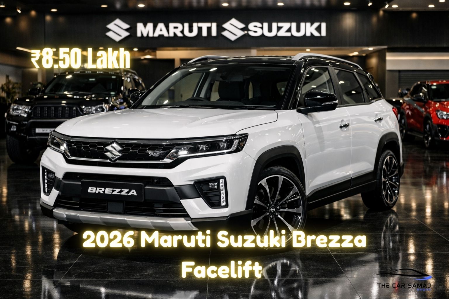 2026 Maruti Suzuki Brezza Facelift white SUV with black roof and alloy wheels displayed in a premium Maruti Suzuki showroom