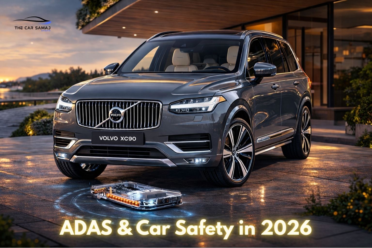 Volvo XC90 luxury SUV showcasing advanced ADAS technology and modern car safety features in a premium futuristic setting