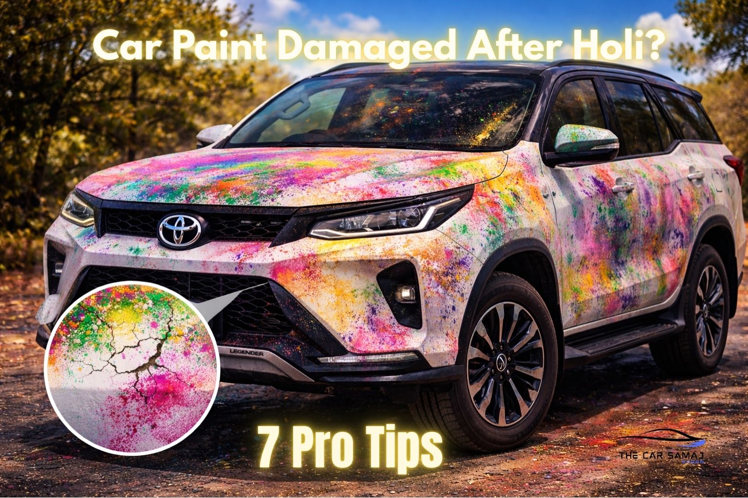 Toyota Fortuner Legender covered in Holi colors showing paint damage highlight with circle and tips to remove stubborn Holi stains from car paint