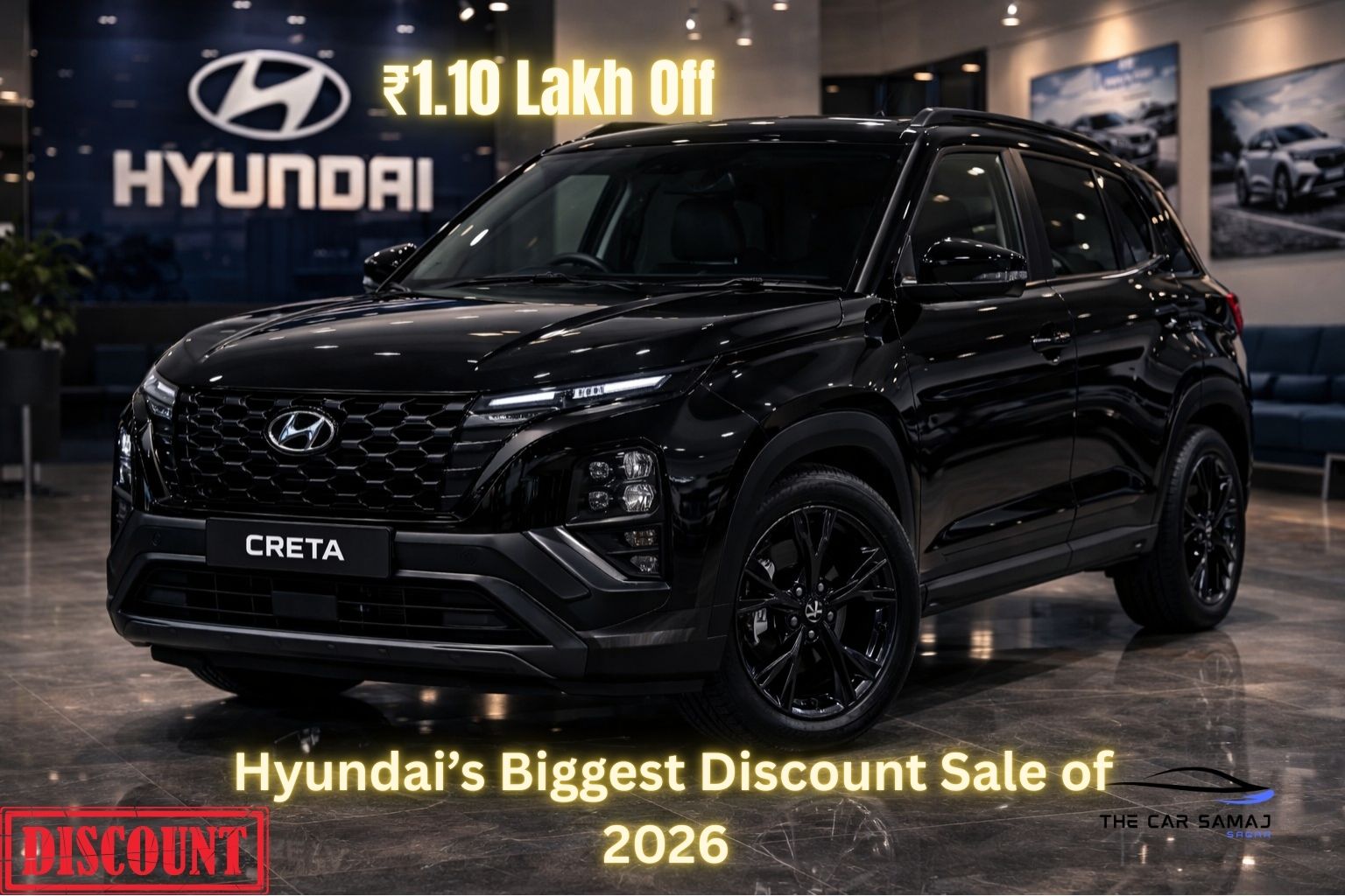 Hyundai Creta 2026 Dark Edition displayed in Hyundai showroom highlighting March 2026 discount offers up to ₹1.10 lakh in India