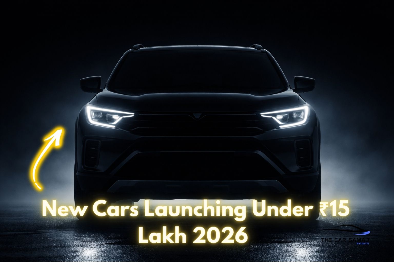 Futuristic SUV headlights glowing in darkness representing upcoming cars launching in India 2026 under ₹15 lakh