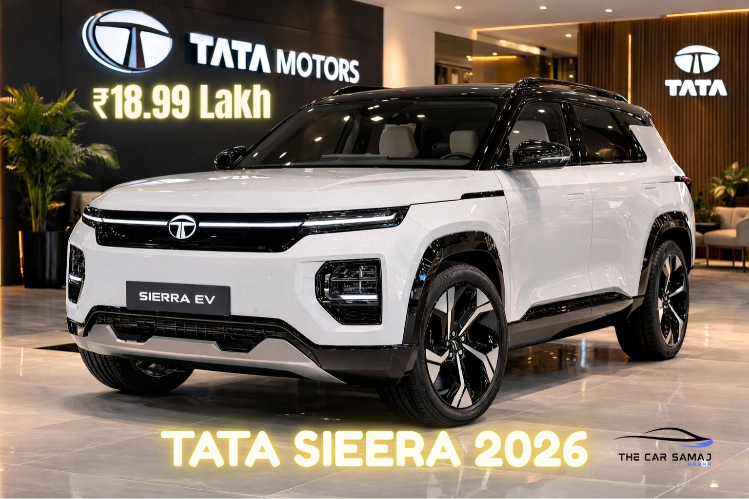 Tata Sierra EV 2026 white color with black roof luxury SUV displayed in premium Tata Motors showroom with alloy wheels