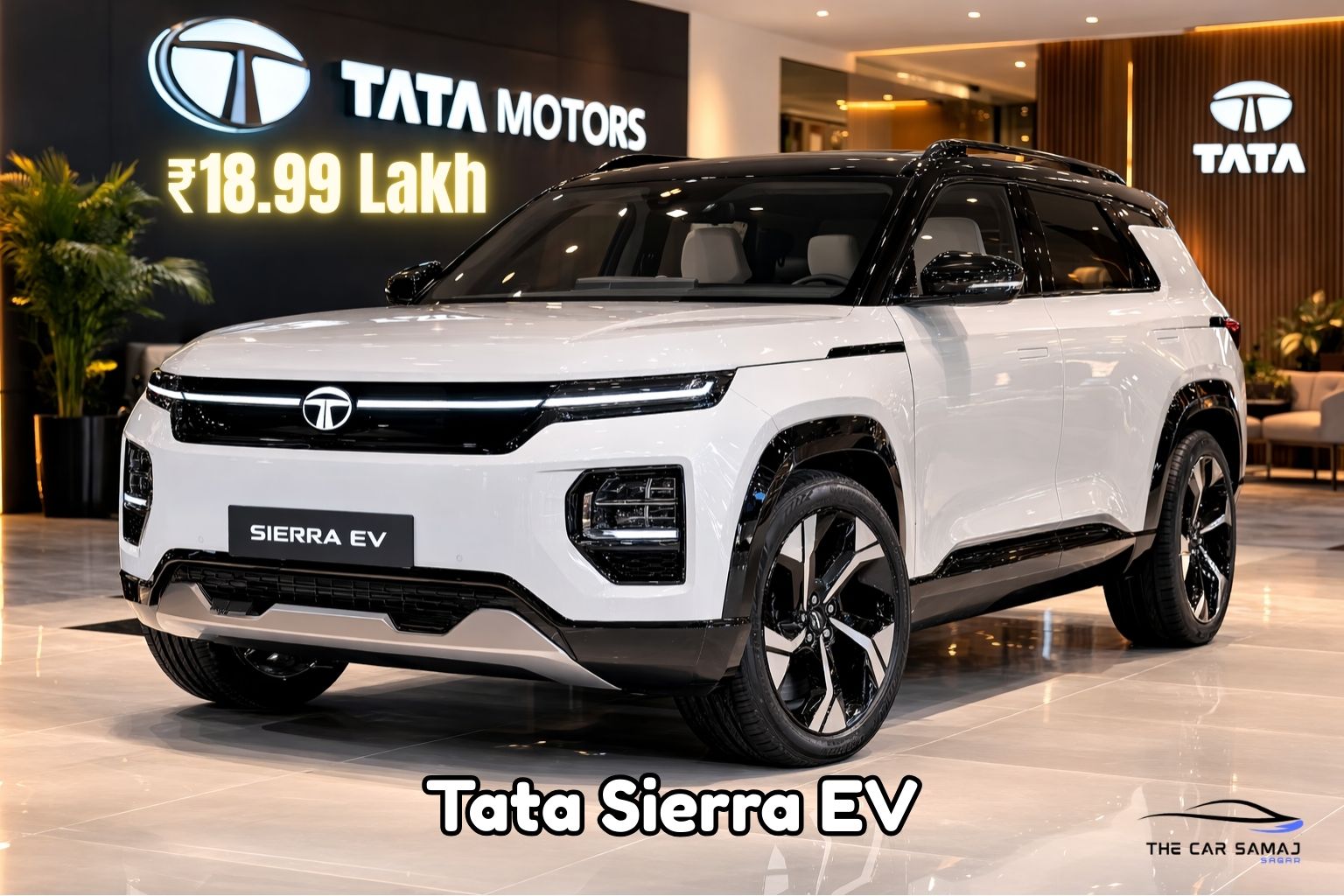 Tata Sierra EV electric SUV in white color with black roof and alloy wheels displayed in a premium Tata Motors showroom.