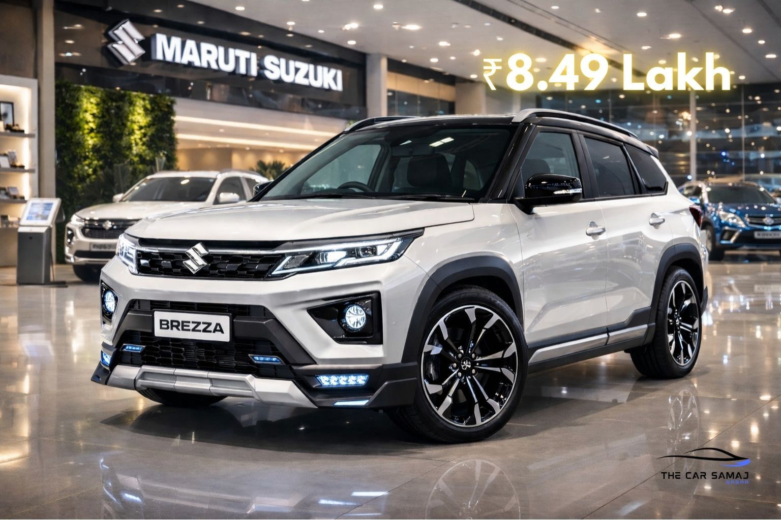 Modified Maruti Brezza pearl white with black roof and alloy wheels showcased in a premium Maruti Suzuki showroom with glossy finish