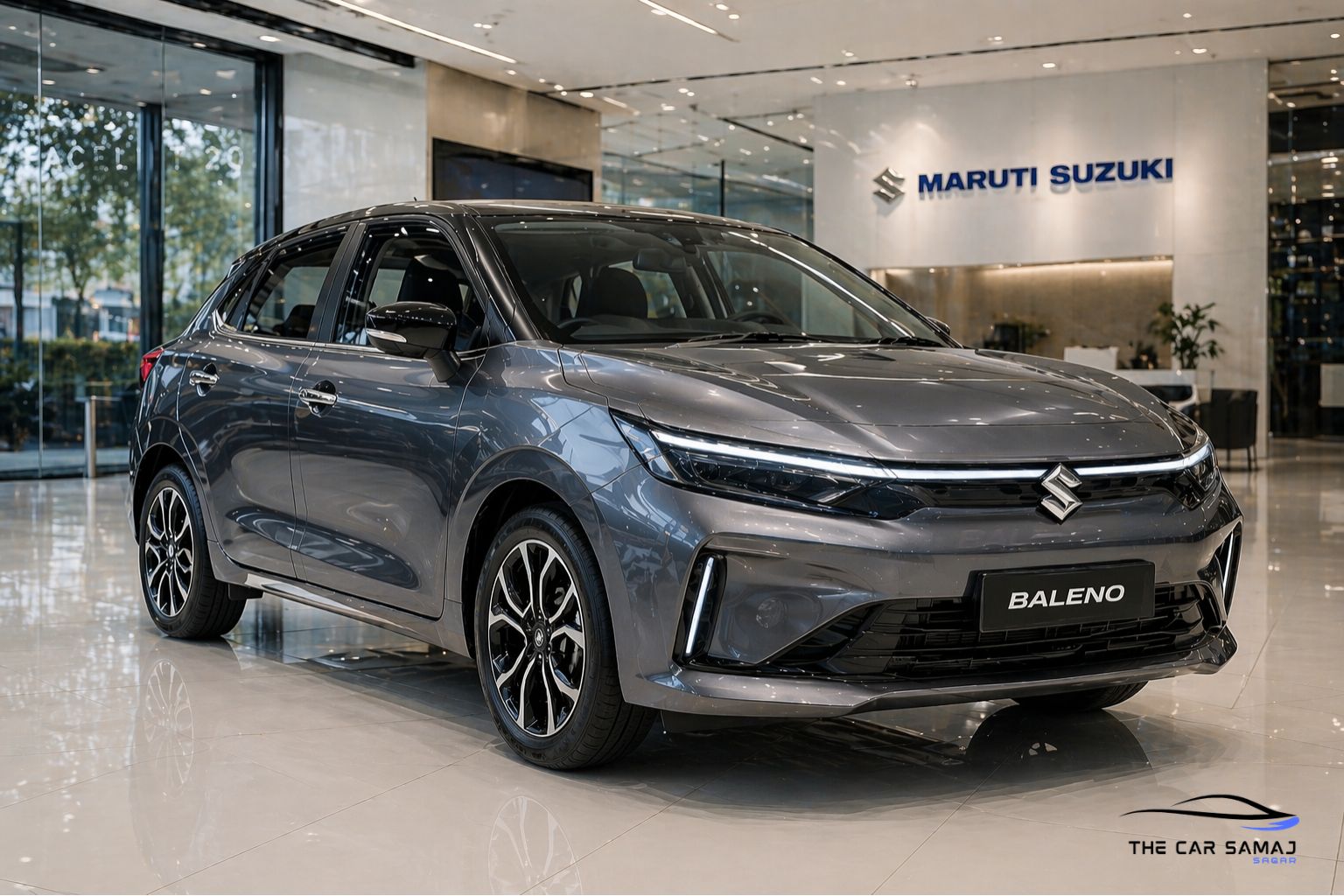 maruti-baleno-2026-facelift-hybrid-sunroof-leaked-spy-shots-the-car-samaj White Maruti Suzuki Baleno facelift 2026 desime leaked displayed in a premium showroom with modern lighting, glossy floor, and sleek front design