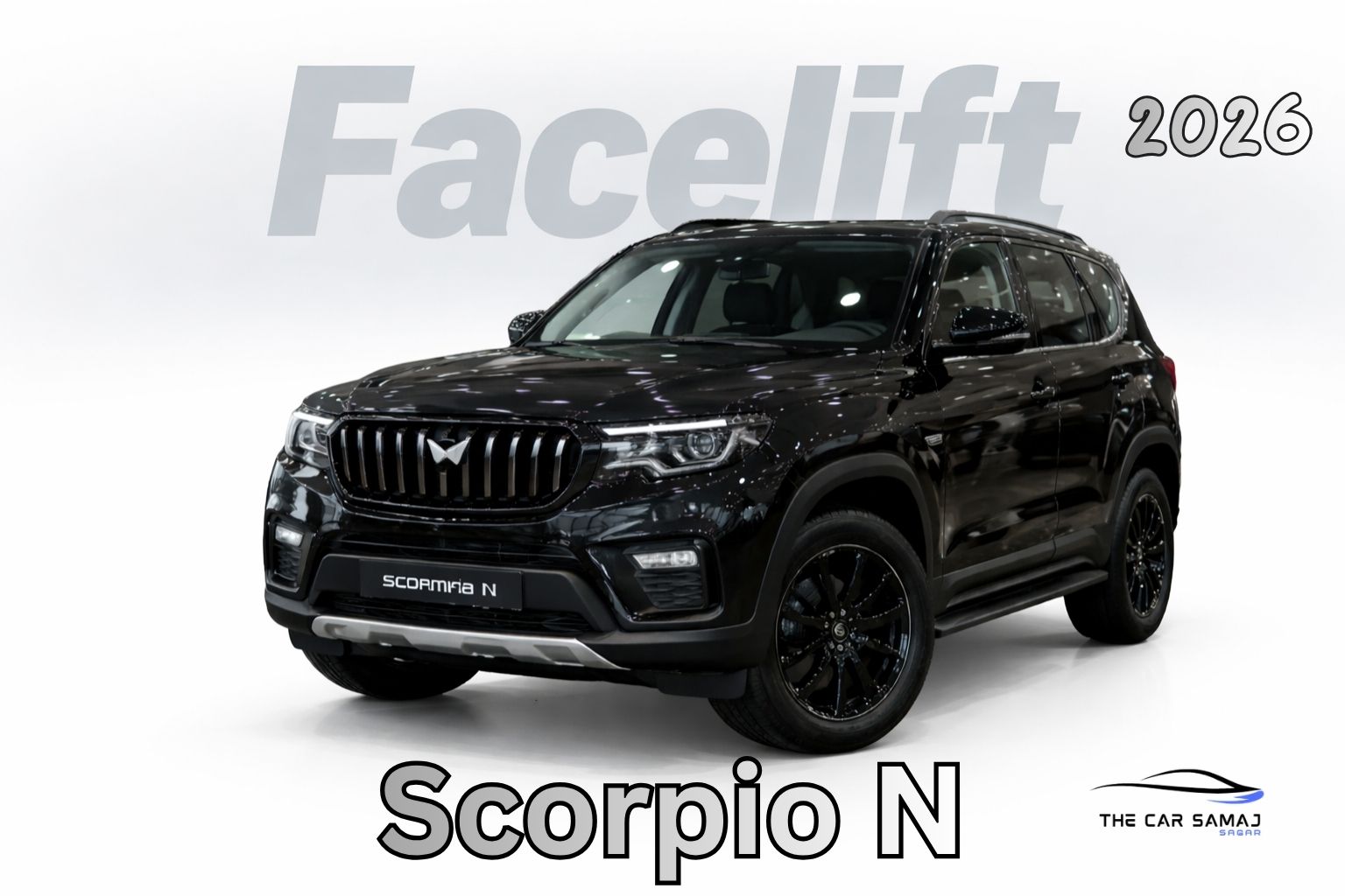 Mahindra Scorpio N facelift 2026 black SUV with premium glossy finish on white background with subtle gradient and Facelift text behind