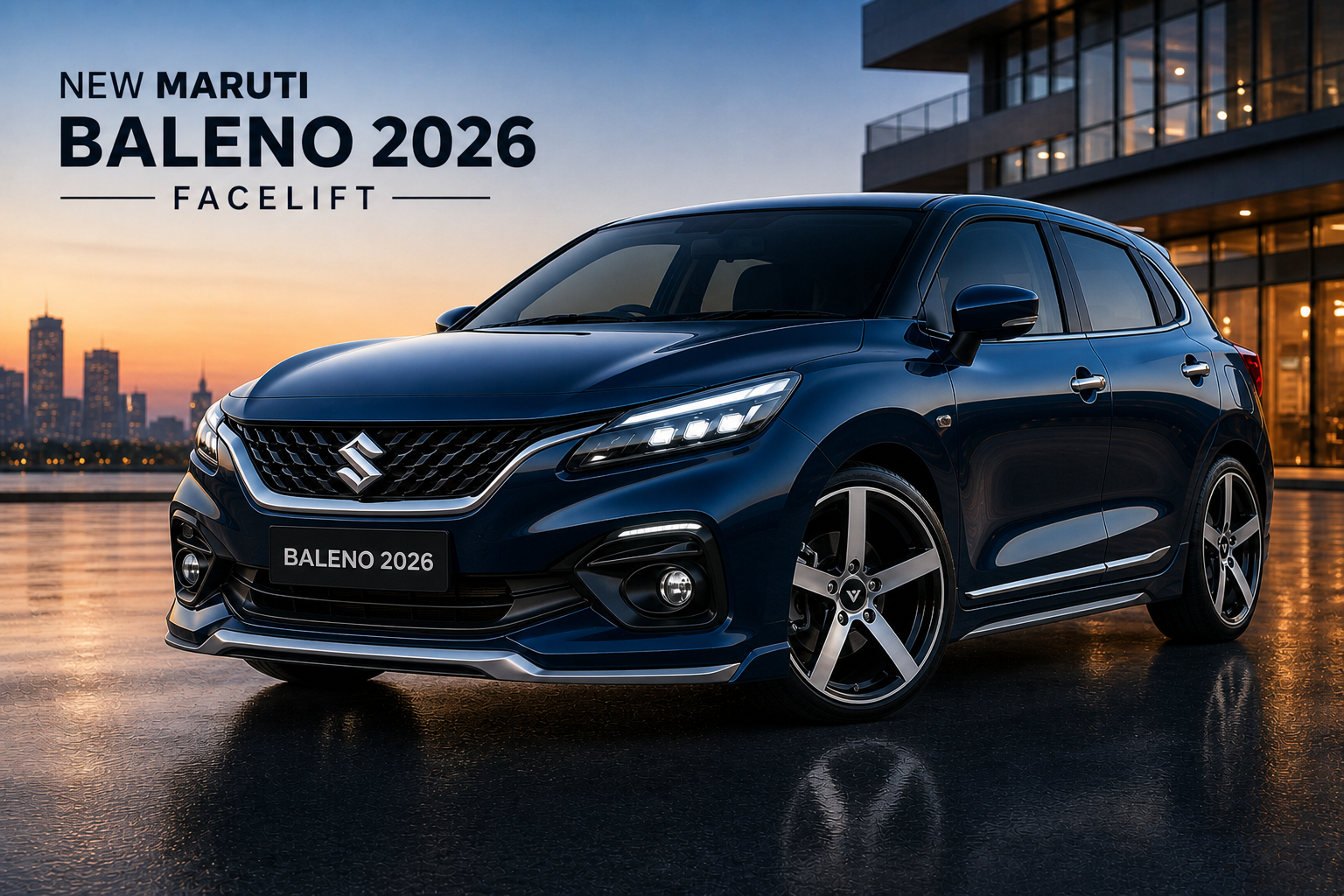 Maruti Baleno 2026 Facelift Sigma to Alpha modification featuring 16-inch diamond-cut alloy wheels and LED DRL setup.