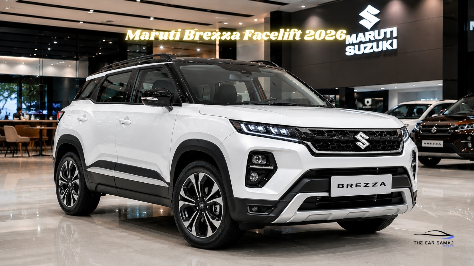 A high-quality 3D digital render of the upcoming Maruti Brezza Facelift 2026 in Pearl White, illustrating the new grille and LED DRL signature for the May 2026 launch.