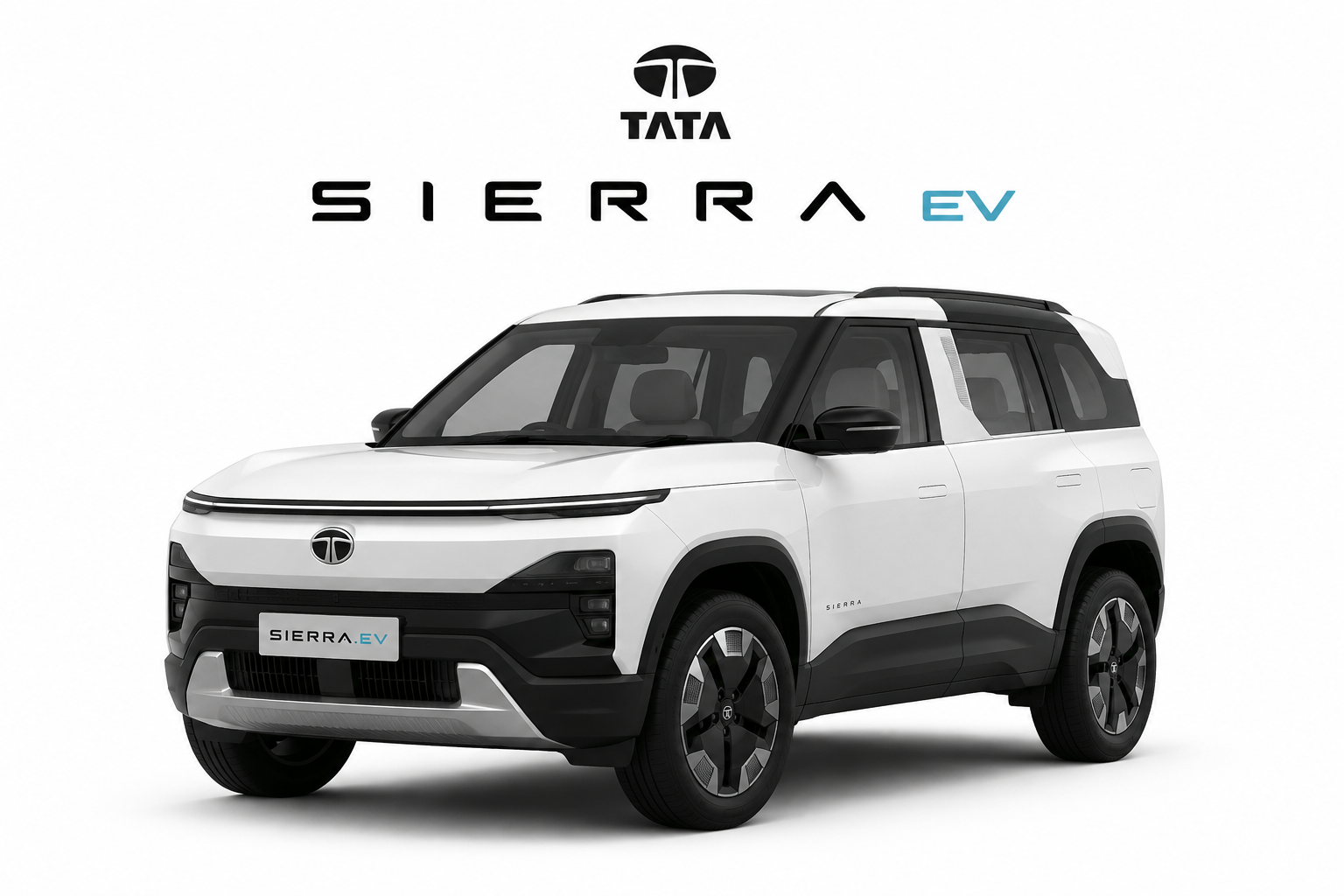 A front three-quarter view of a white Tata Sierra EV against a plain white background, featuring a boxy SUV design with a distinctive glass roof and futuristic LED lighting.