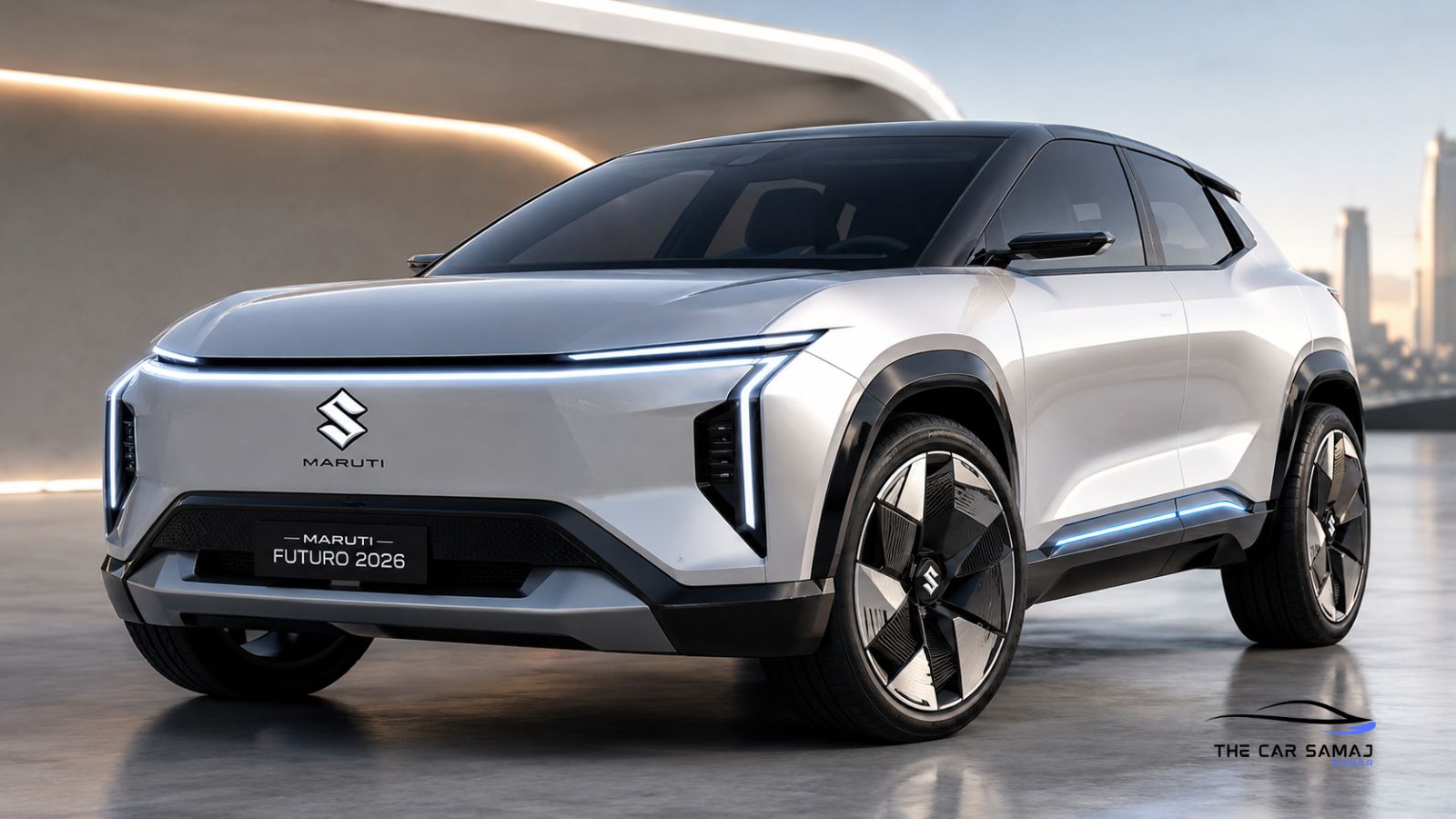 Front three-quarter view of the futuristic Maruti Suzuki Futuro 2026 concept SUV, a key model among upcoming Maruti cars in India 2026. The image shows its advanced design, featuring slim LED light bars, a 'Maruti' logo with the 'S' symbol on the grille, and massive aerodynamically designed alloy wheels. A 'MARUTI FUTURO 2026' license plate and 'THE CAR SAMAJ' watermark are visible on the concrete platform. This vehicle represents Maruti's move towards premium SUVs and EVs by 2026.