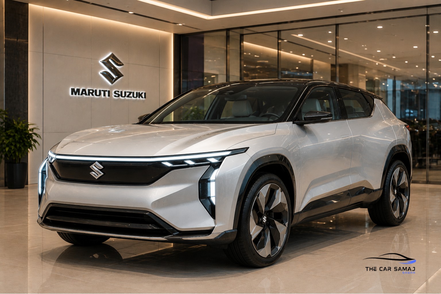 Maruti Suzuki premium showroom displaying a futuristic electric SUV concept with hidden dealer charges in India